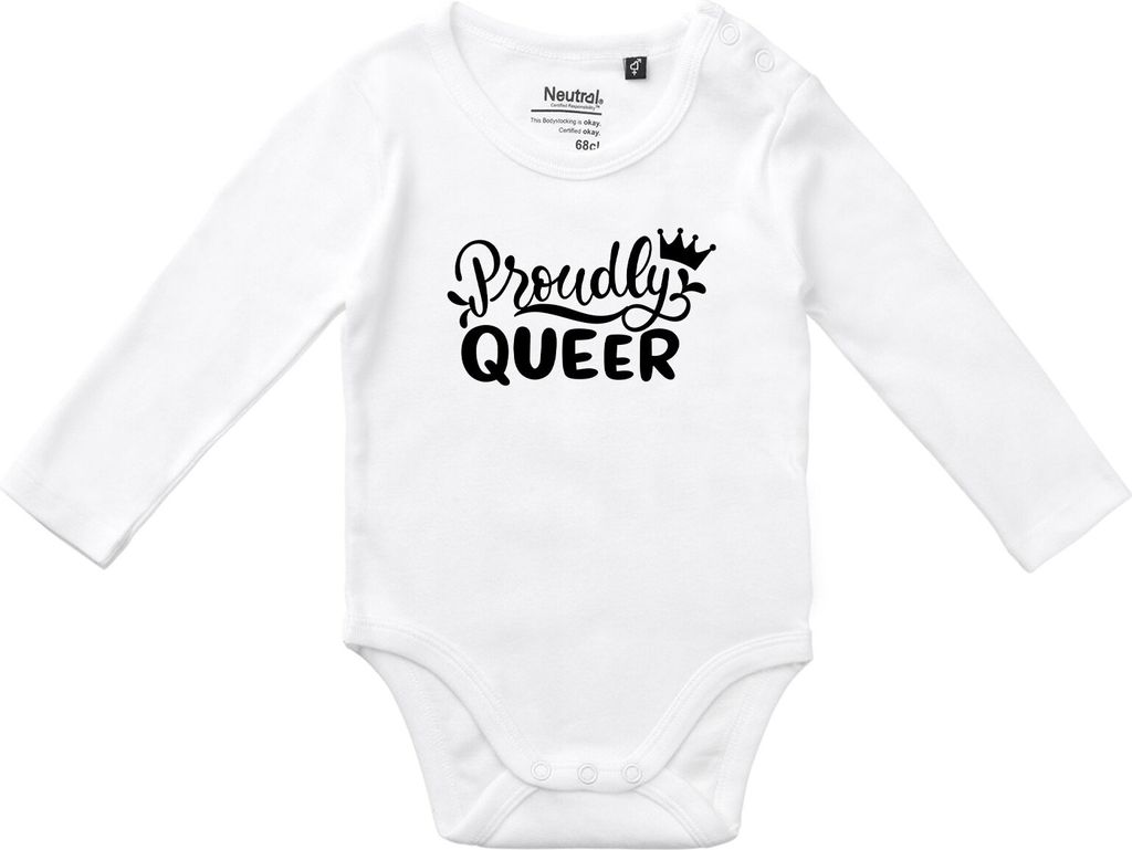 Huuraa Baby Body Proudly Queer Krone 80 White Baumwolle Fairtrade Langarmbody Geschenkidee