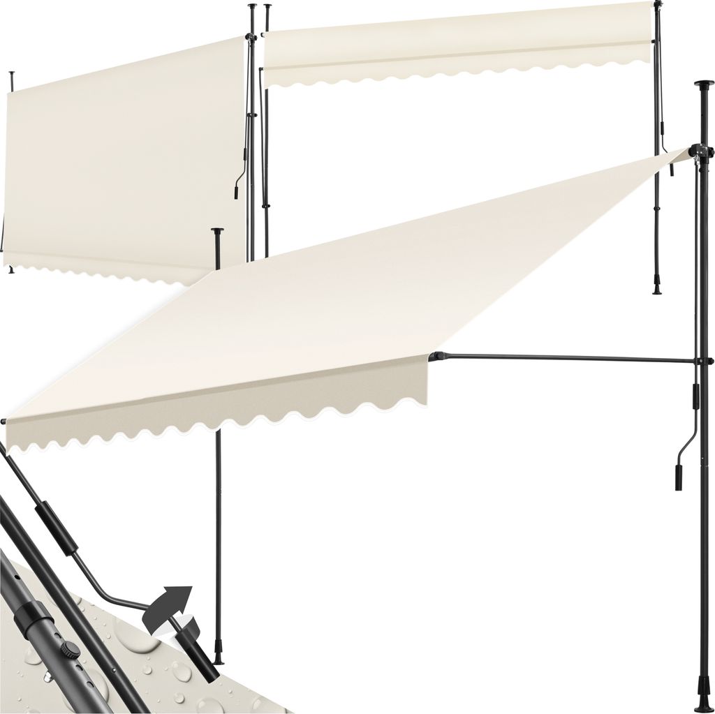 Two cream-colored awnings are shown, one extended and one retracted, against a white background.