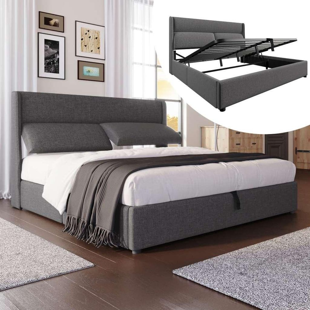 Grau Polsterbett mit hydraulischem Stauraum und verstellbaren Kopfstützen, leinenbezogen, inklusive Metall-Lattenrost, Doppelbett 140x200cm (ohne ...