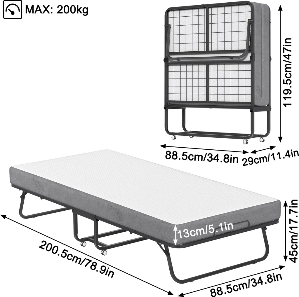 LZQ Lit pliant 90x200cm avec matelas confortable et cadre en acier robuste