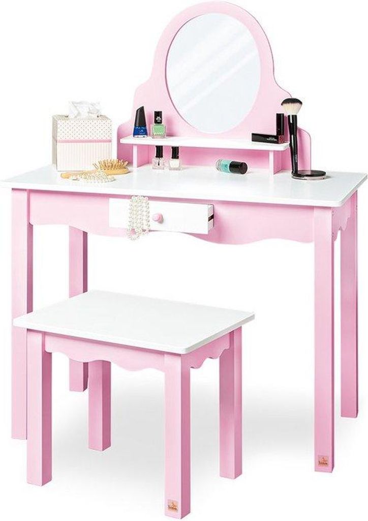 Kinderzimmer Schminktisch Set - Mädchen Schönheitstisch - Pink & Weiß - Interaktives Spiel - Holztisch 70x40x97cm, Holzkruk 37x28x33cm