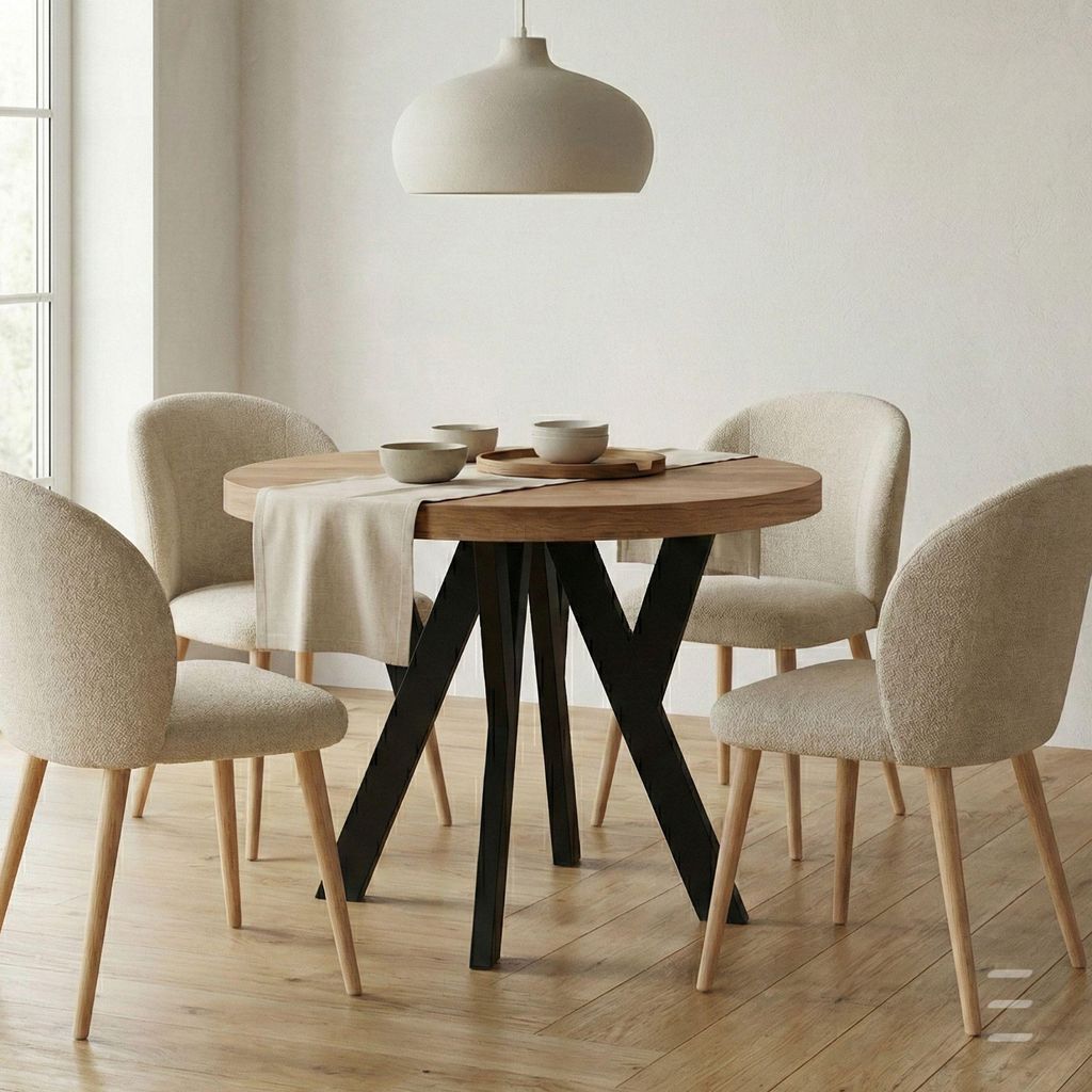 Runder Ausziehbarer Tisch für Esszimmer, PERO, Loft-Stil, Skandinavische, Durchmesser: 100 / 150 cm, Farbe: Eiche Wotan / Schwarz
