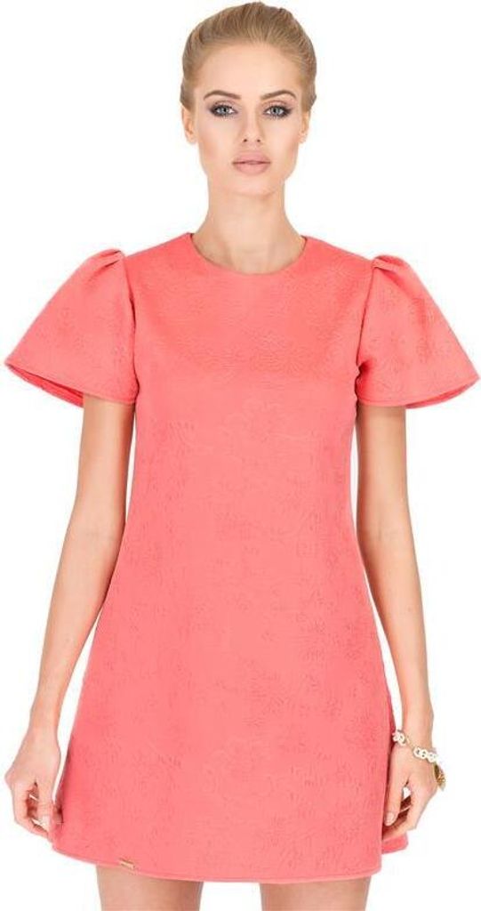 Kleid Blumen-Prägung elegant mit Pufferärmel Mini-Kleid; Koralle/M/38