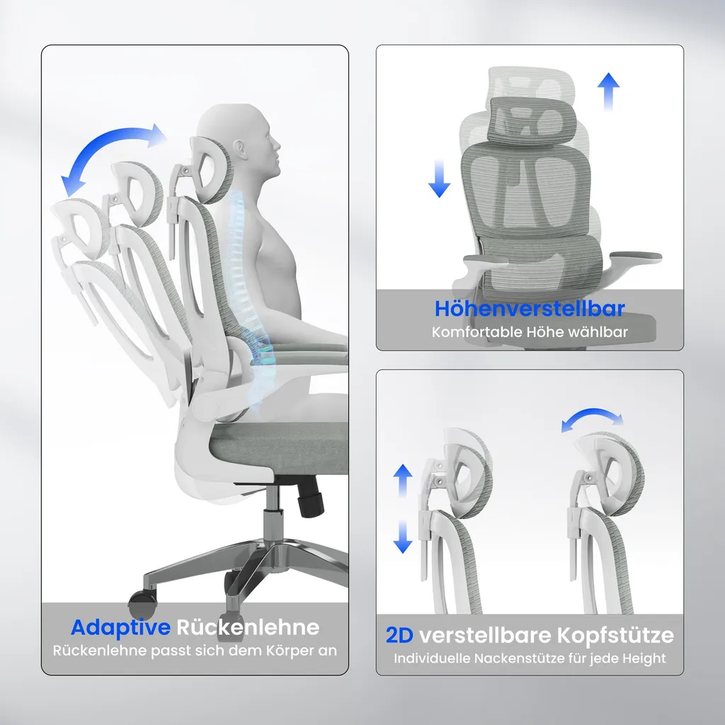 FLEXISPOT Chaise de bureau ergonomique grise avec appui-tête 2D réglable