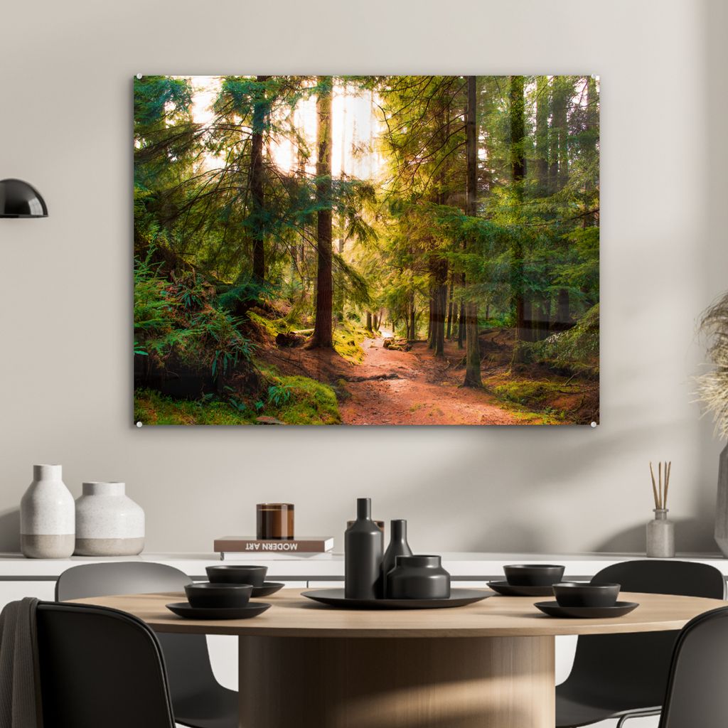 MuchoWow Glasbilder - Bilder auf Wandbild - Foto auf Glas Wald - Weg - Bäume - Grün - Sonne - Natur 80x60 cm Wanddekoration aus Glas - Acrylglasb...