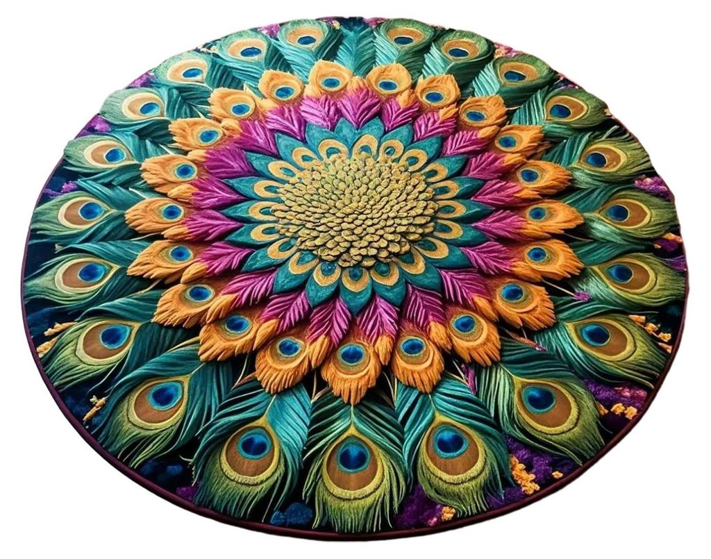 3D-Blumenteppich, rund, mit Pfauenmotiv, rutschfest, für Wohnzimmer, Schlafzimmer, Badezimmer, Tür, Küche – Dekoration