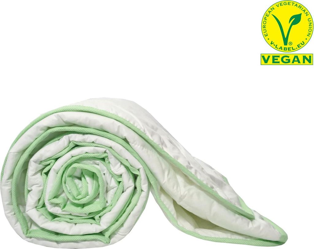 A rolled-up blanket with a green trim, shown on a white background, with a vegan certification logo in the top right corner.
