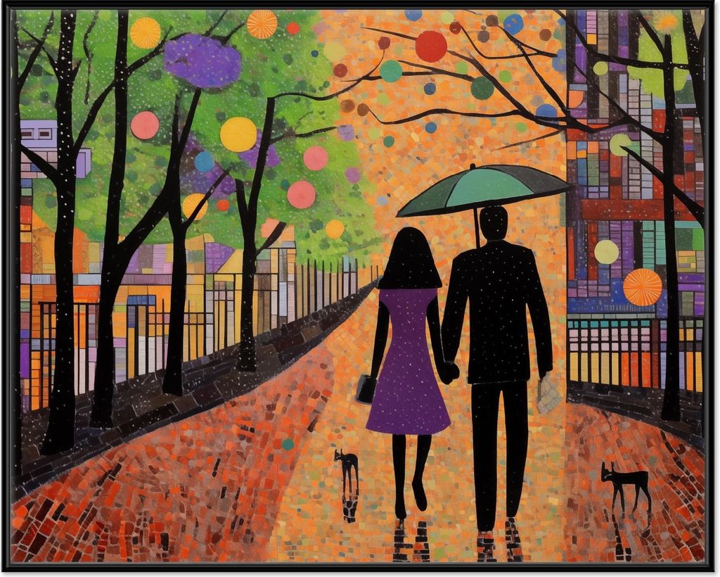 Wallario Wandbild Spaziergang unter Farbklecksen, Größe: 40,30 x 50,30 cm, Poster mit schwarzem Aluminiumrahmen