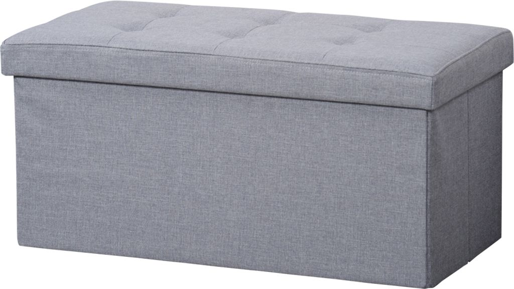 A gray ottoman with a tufted lid.