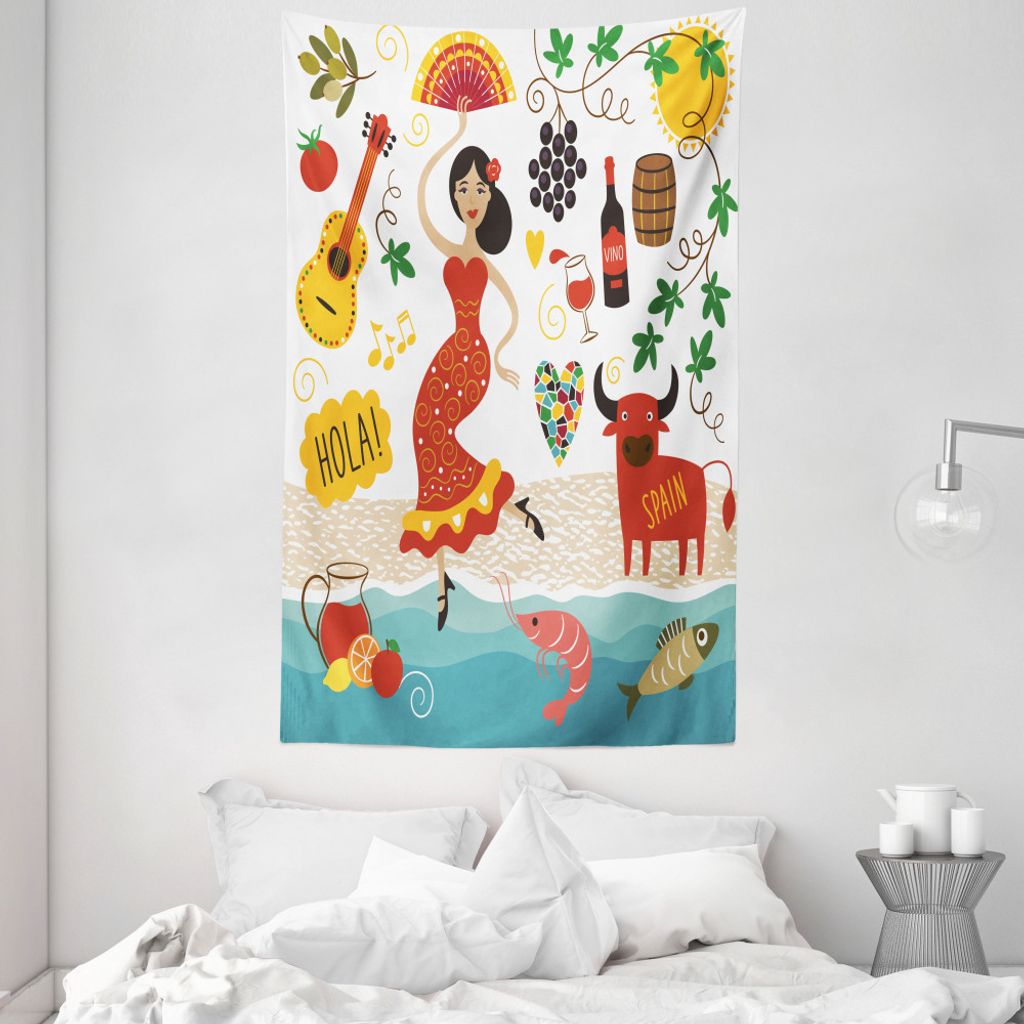 ABAKUHAUS Spanien Wandteppich und Tagesdecke, Bull Gitarre und Tänzer aus Weiches Mikrofaser Stoff Waschbar ohne Verblassen Digitaldruck, 140 x 23...