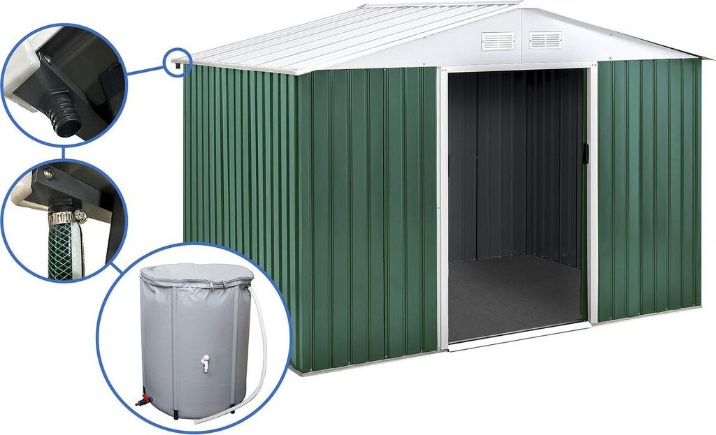 Gerätehaus aus Metall - "Rosas " - 7,06 m² mit Wasserauffangbecken und Regenrinne - Grün