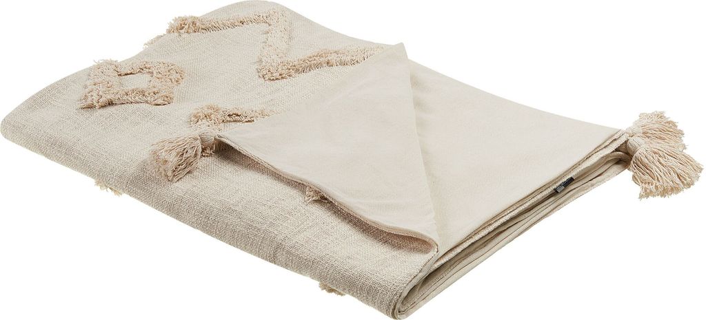 BELIANI Kuscheldecke Beige Baumwolle 130 x 180 cm Handgefertigt geometrisches Muster Fransen für Bett Sofa Couch Sessel Schlafzimmer Wohnzimmer Flur