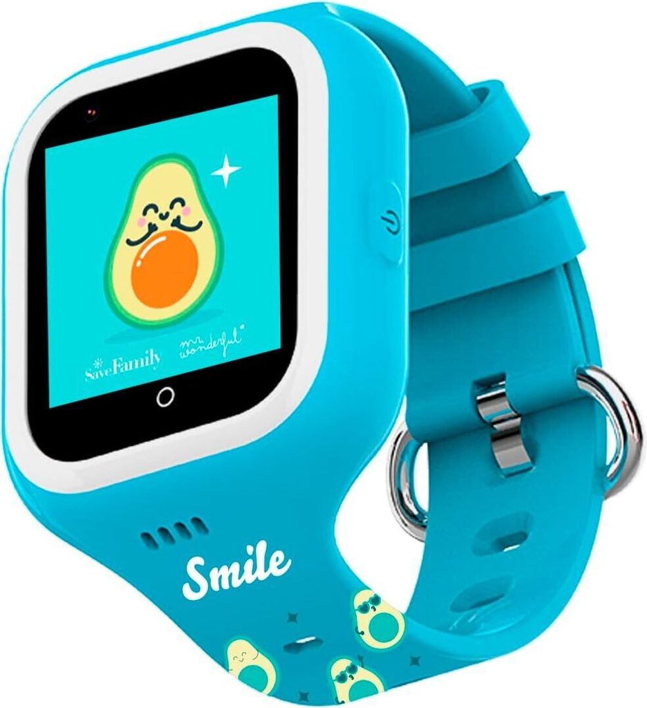 Kinder-Smartwatch mit GPS, Video- und Sprachanrufen, SOS-Taste, Schulmodus, IP67 wasserdicht, animierten Hintergründen und Sicherheitszonen.