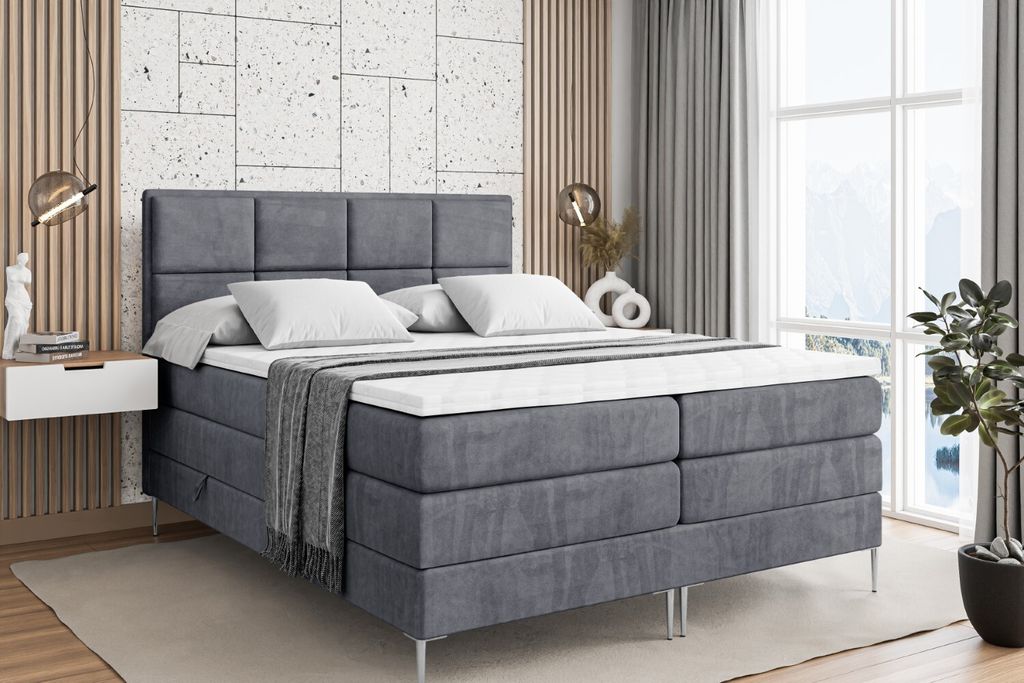 ALTDECOR Boxspringbett mit Silber Füßen, Matratze und Lattenrost, Topper, Polsterbett mit Bettkasten, Bett mit Stauraum H3- und H4- Matratze, Dop...