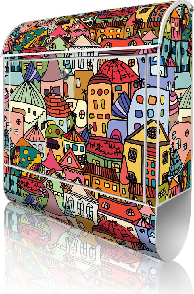 banjado Design Briefkasten Stahl weiß mit Zeitungsfach pulverbeschichtet "Funky Town" 38x46x12,5cm & 2 Schlüssel - Postkasten A4 Einwurf inkl. Mo...