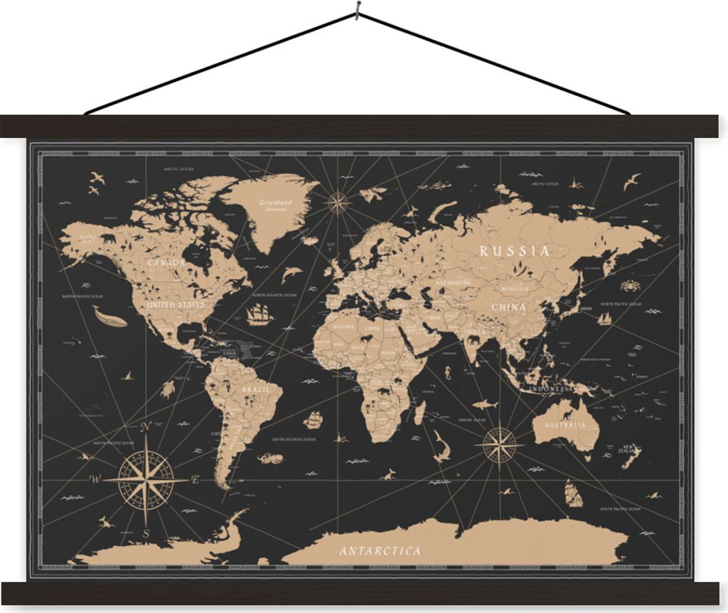 MuchoWow Textilposter Karte - Welt - Braun 120x80 cm mit schwarzem Rahmen - Wanddeko