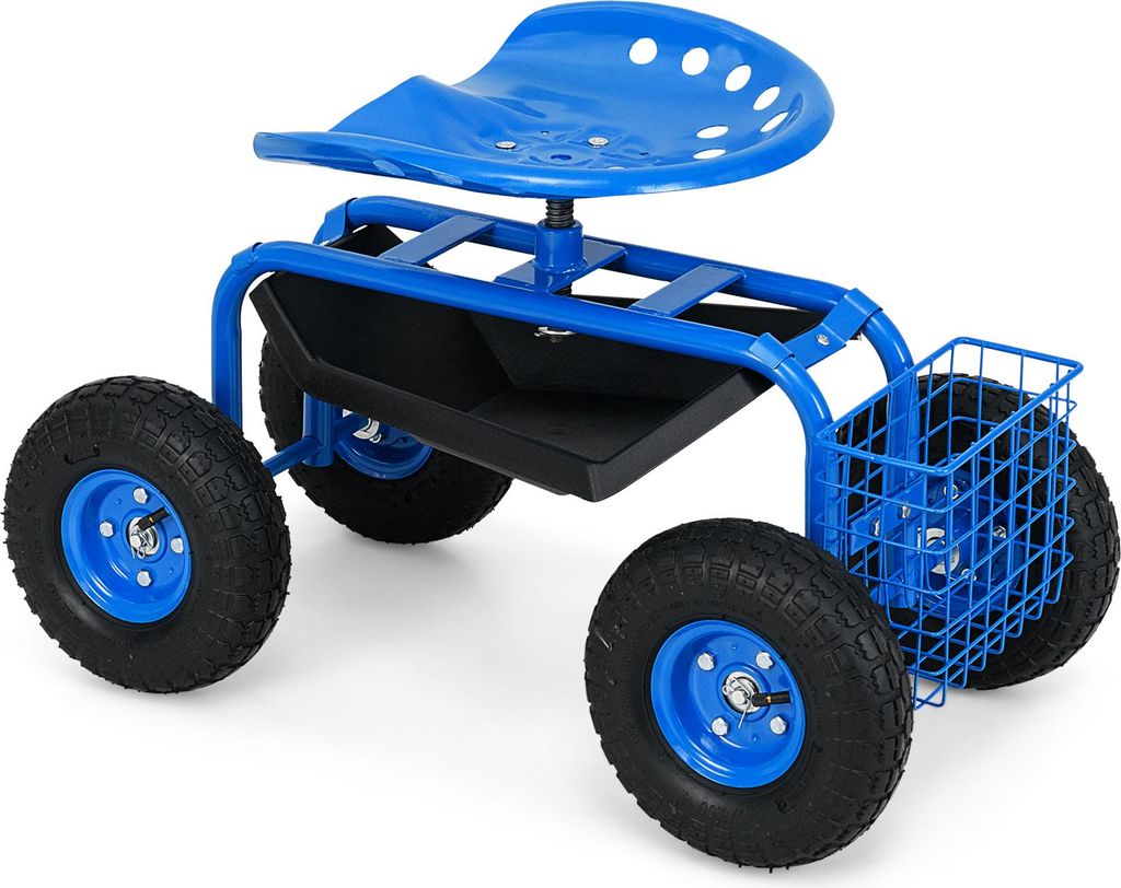 COSTWAY Rollsitz mit Rollen, Ablage, Korb und breiter Gummireifen, Gartenwagen Metall 360° drehbar höhenverstellbar, Rollsitz bis 150kg Metall Blau