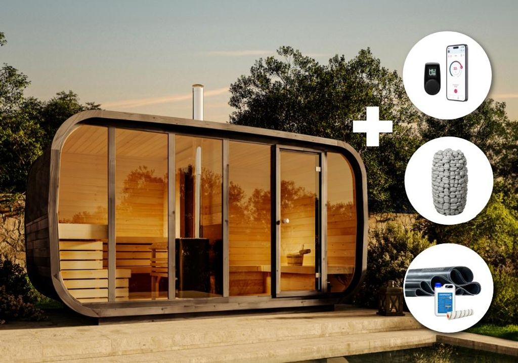 FinnTherm Comfort Set Fasssauna ScandiCube Space Fasssauna 4 Sitzbänke aus Holz, Sauna mit 42 mm Wandstärke Außensauna