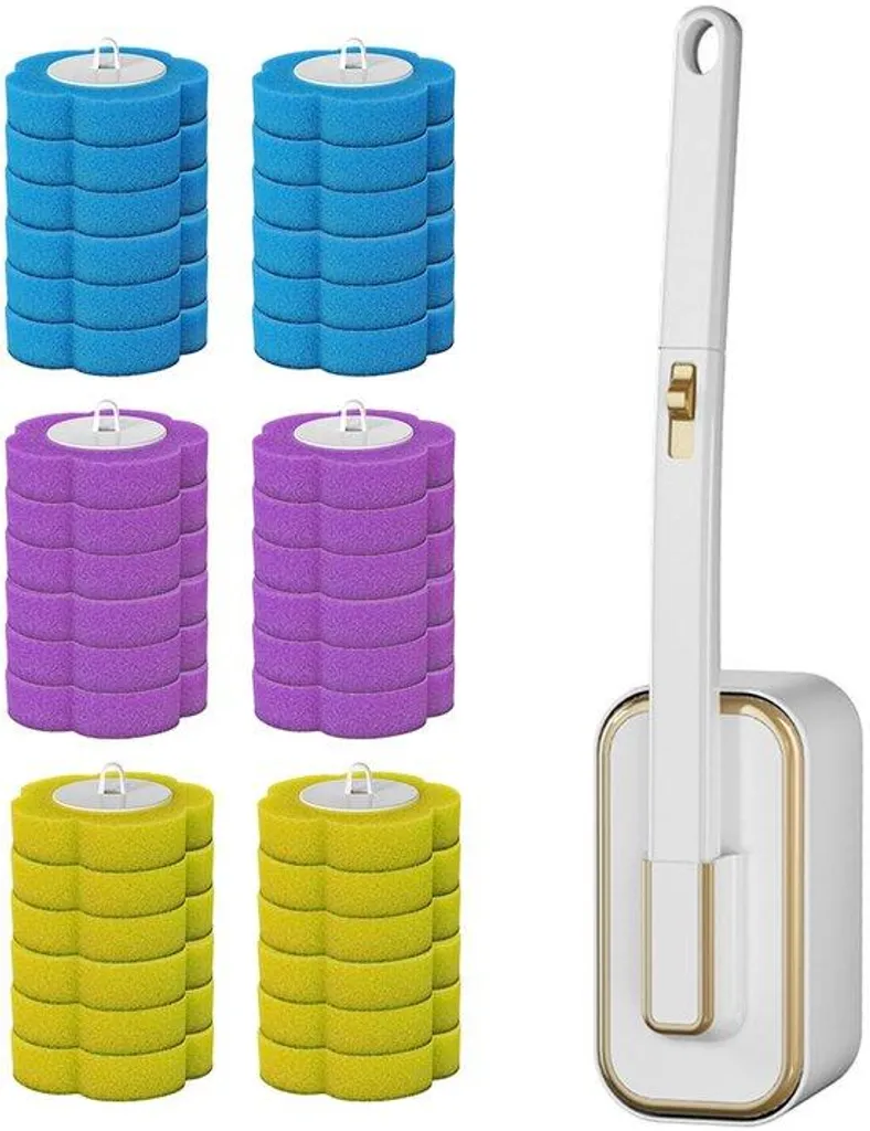Système de nettoyage toilettes avec 36 éponges jetables et support mural