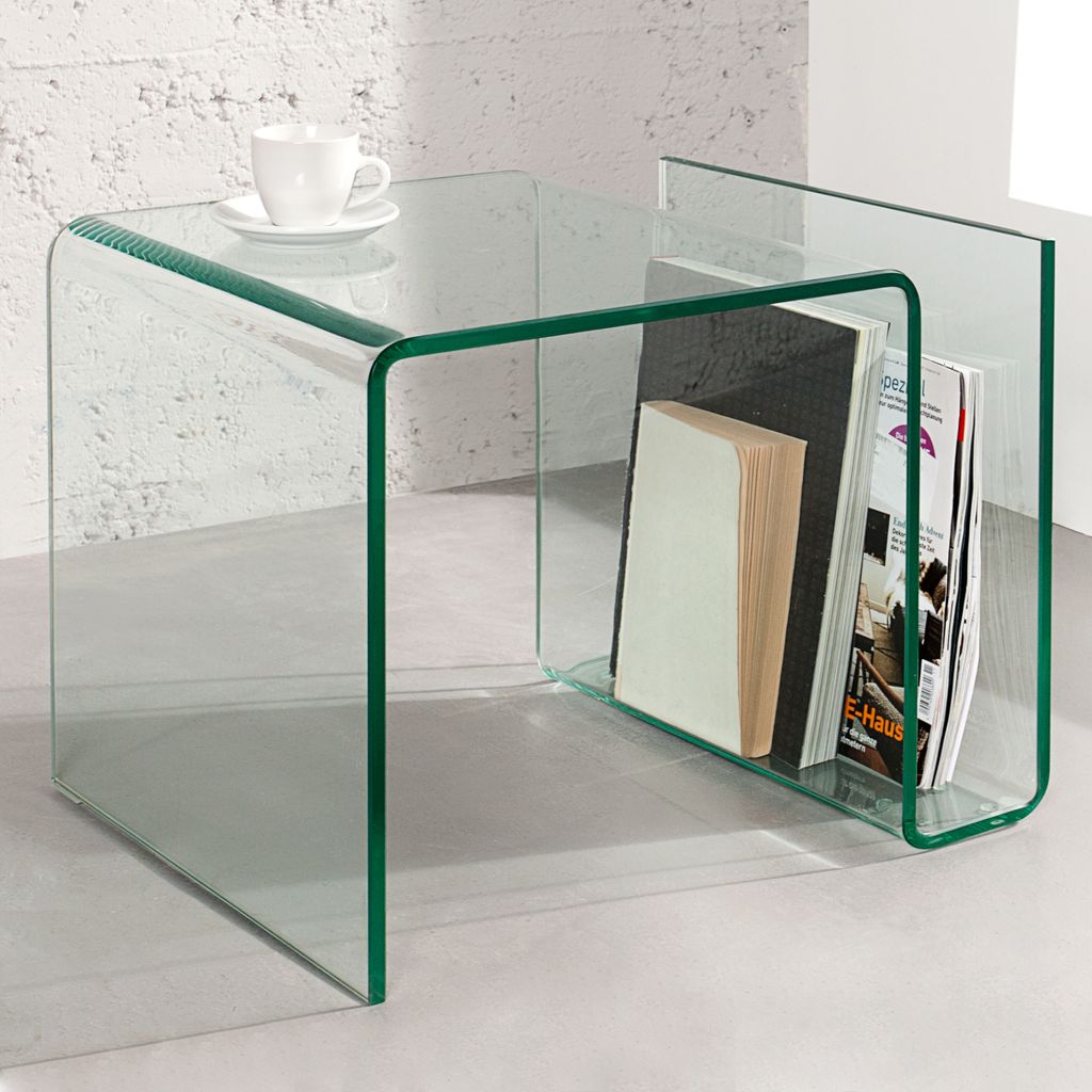 Moderner Glas Couchtisch FANTOME 50cm Beistelltisch mit Ablagefach für Magazine transparent Sofatisch Wohnzimmer