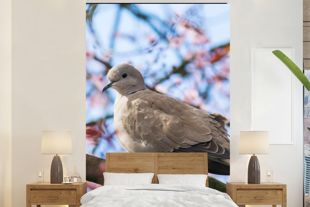 MuchoWow Fototapete für Wohnzimmer oder Schlafzimmer Wandtapete Vinyl Motivtapete Vogel - Blumen - Taube - Blütenzweige - Rosa - 155x240 cm - T...