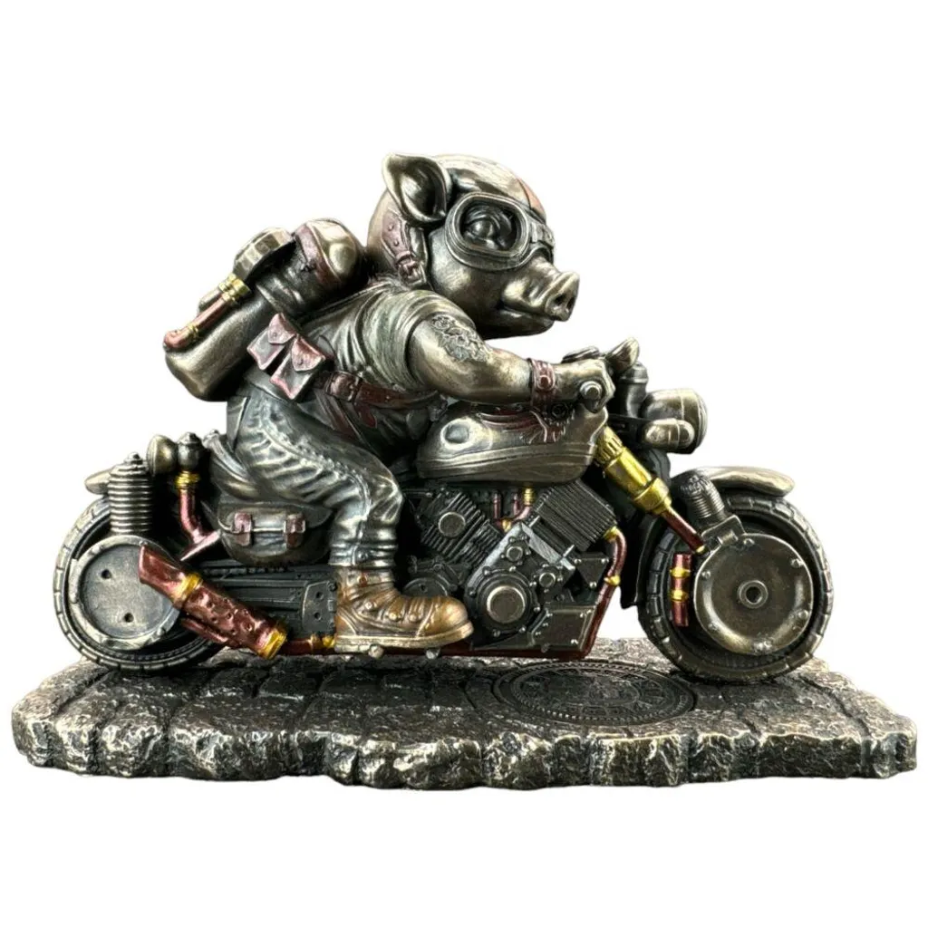 Figurine Cochon Steampunk Moto WU77771A4 - Déco Motard Originale 16cm