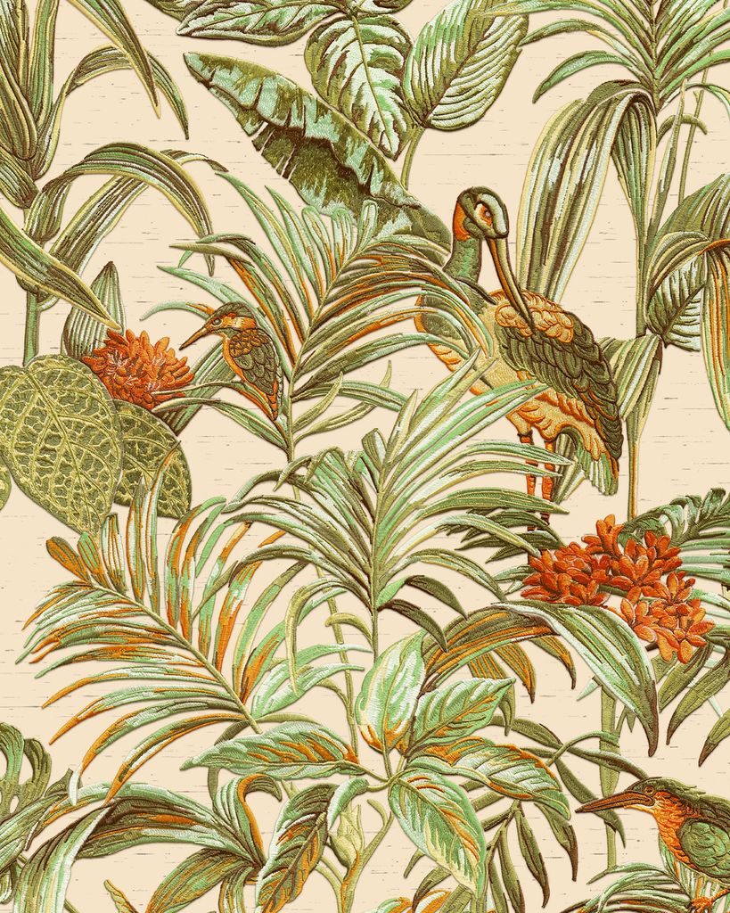 Profhome DE120013-DI Vogel Tapete Vogelmuster glänzend creme grün orange 5,33 m2