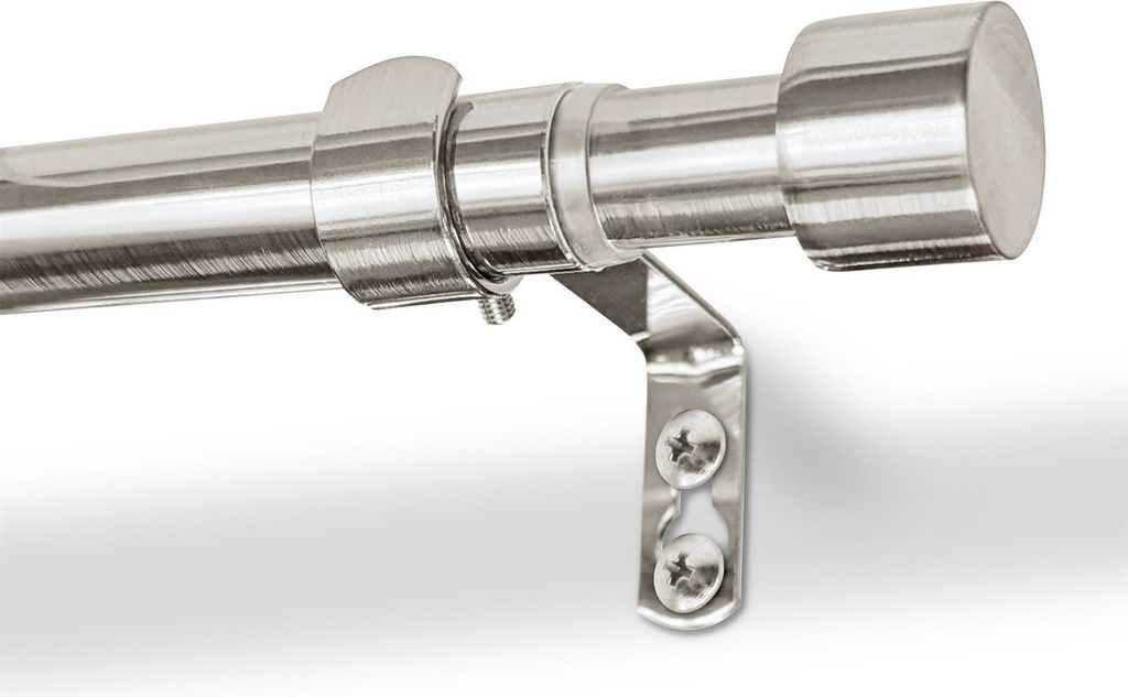 Close-up of a metal curtain rod with a bracket attached to a white wall.