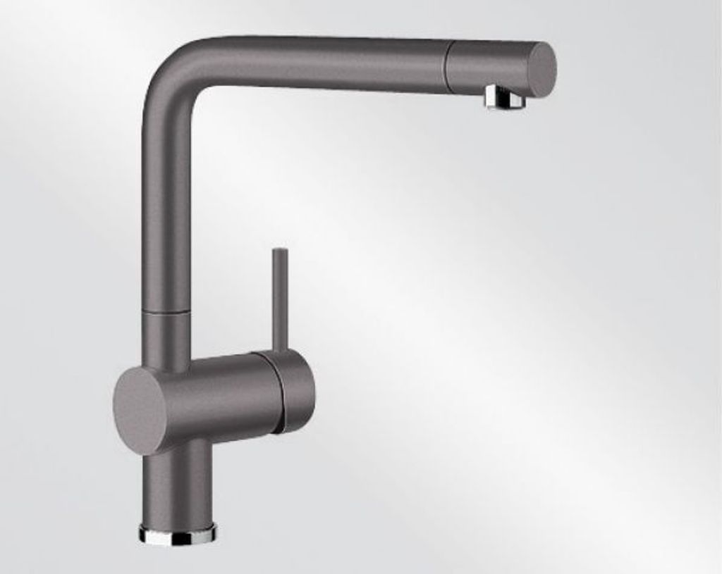 A modern kitchen faucet against a neutral background.