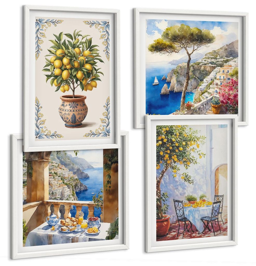 Bilder Set 4-teilig im weißen Rahmen – Wandbilder 4 Stück – gerahmte Poster für Wohnzimmer, Schlafzimmer und Flur – 50x50 cm - 40x60 cm ...
