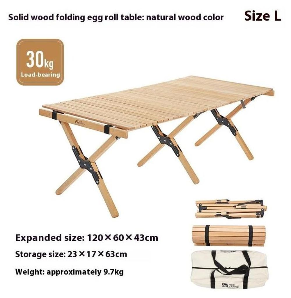 Klapptisch aus Buchenholz - Camping Egg Roll Tisch - 120x60x43 cm - Faltbar, tragbar - Für Camping, Picknick, BBQ - 30 kg Belastung - Holzfarbe L