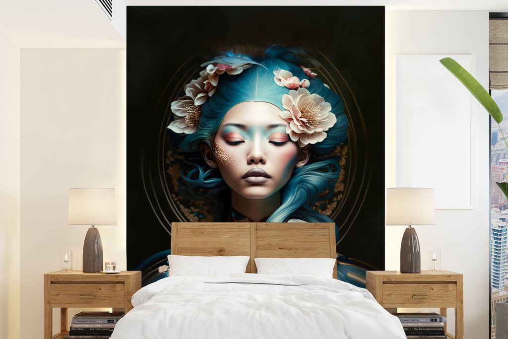 MuchoWow Fototapete für Wohnzimmer oder Schlafzimmer Wandtapete Vinyl Motivtapete Frauen - Blumen - Porträt - Asiatisch - 190x260 cm - Papierta...