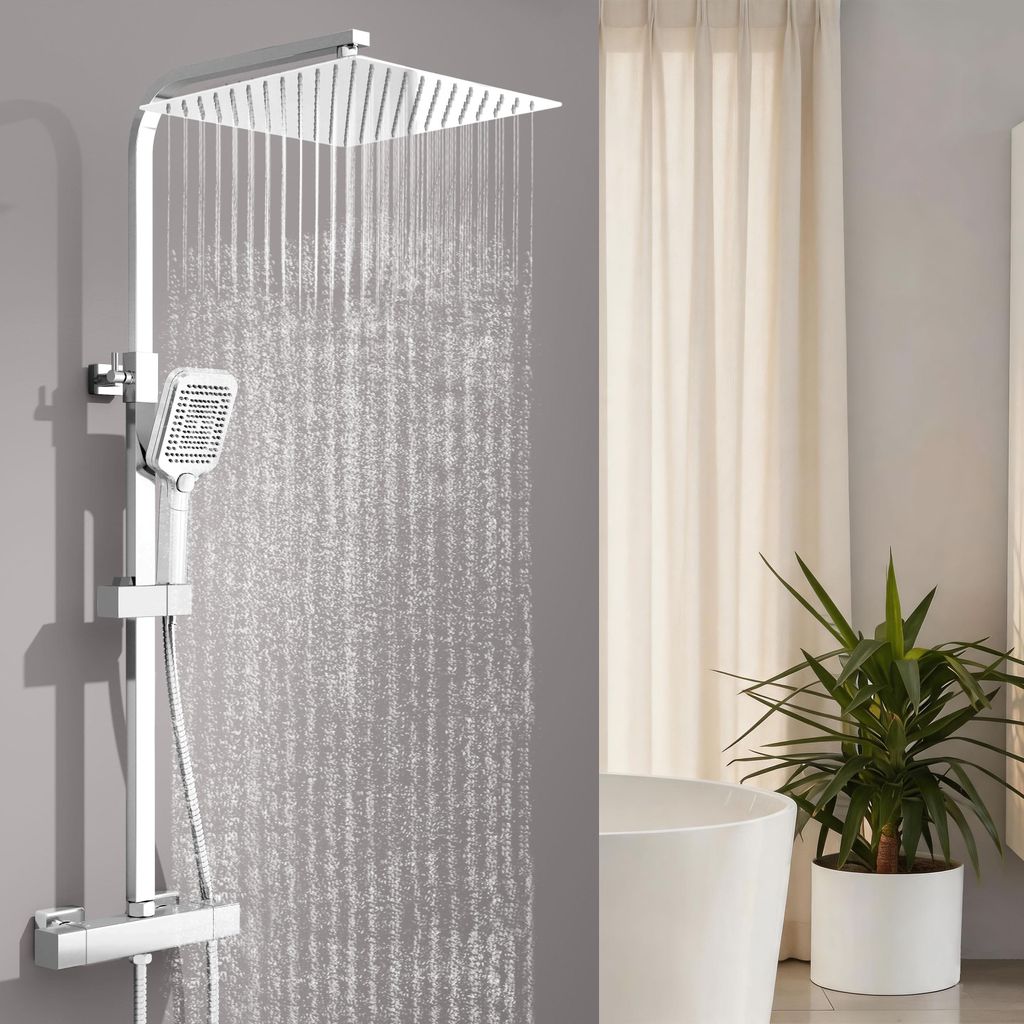 Duschsystem mit Thermostat 38°C mit Duscharmatur Chrom mit 12 zoll Regendusche mit 3-Funktionen-Handbrause mit Edelstahl Duschstange Duschset