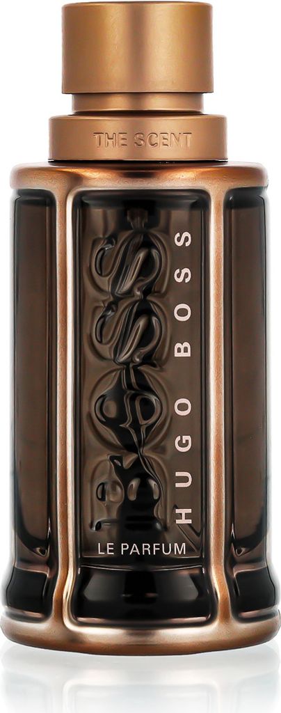 A studio shot of a Hugo Boss perfume bottle.