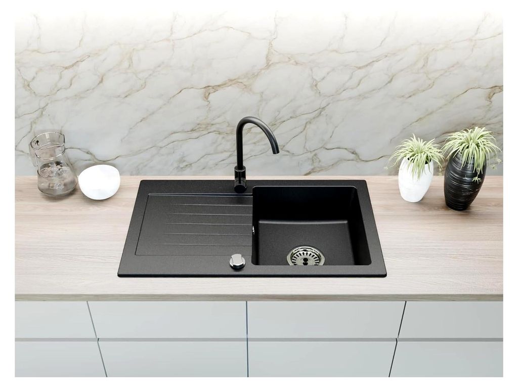 Faizee Home | Spülbecken Granit Schwarz 75x44 cm | Küchenspüle & Einbauspüle | Eckiges Spülbecken | Beidseitig montierbare Granitspüle | Einb...