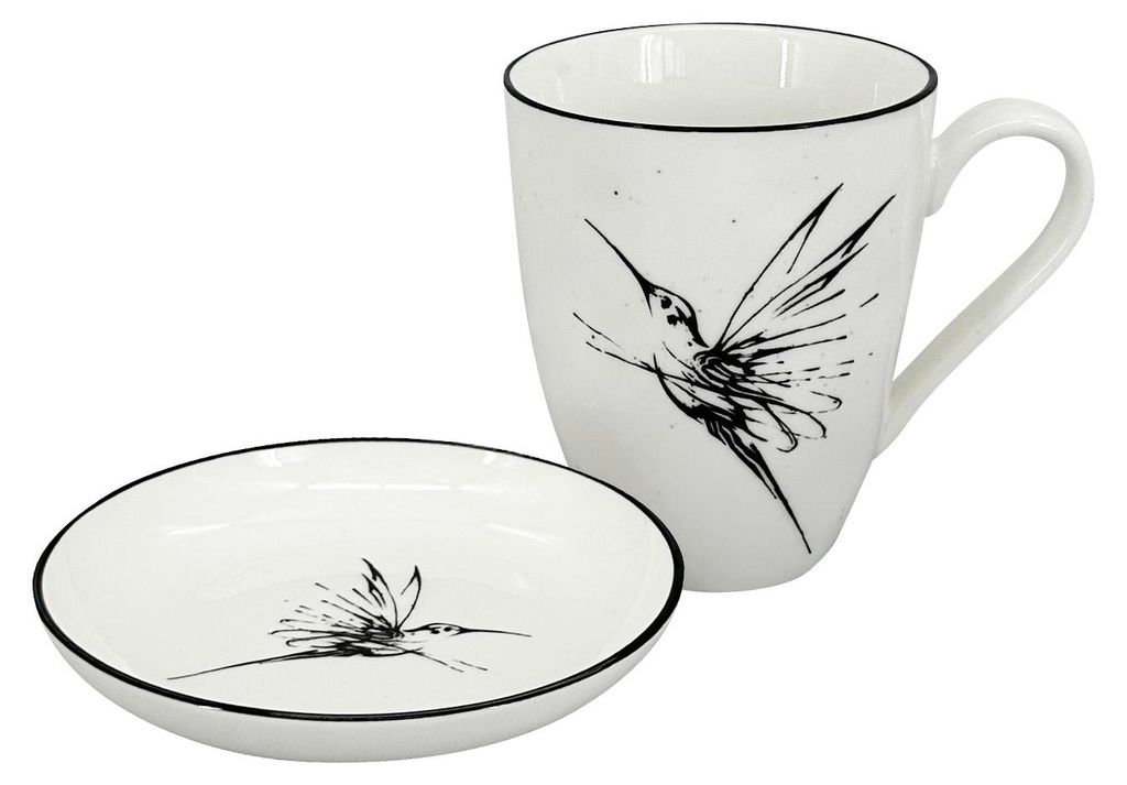 2er-Set - Becher 450ml und Schale Bird, weiß/schwarz