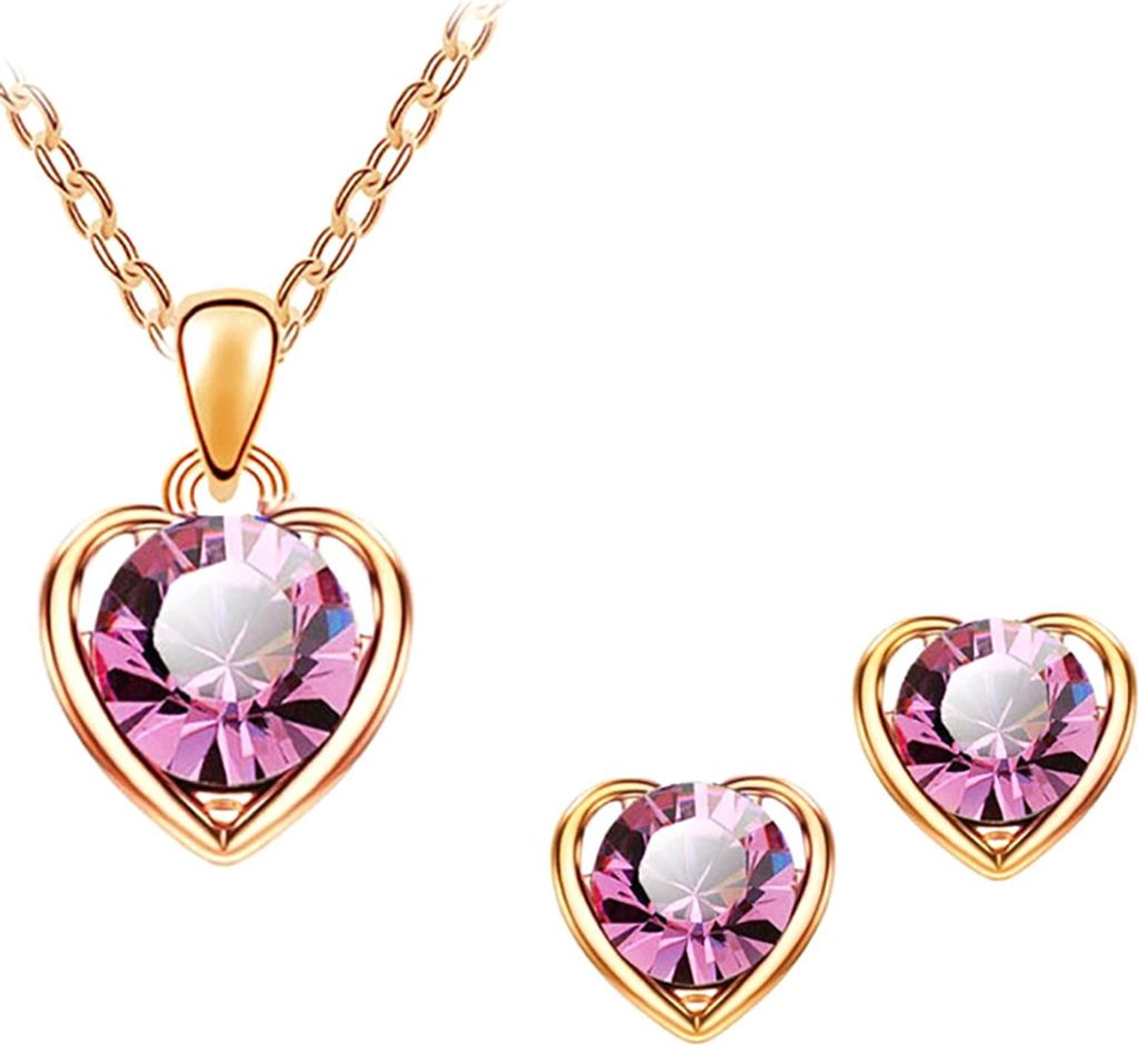 Frauen Strass Herz Anhänger Halskette Kette Ohrstecker Party Schmuck Set-Gold + Rosenrot