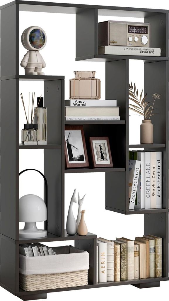 GOPLUS 120 cm Bücherregal, Standregal in geometrischer Form 9 offener Fächern, Raumteiler Regal Holz für Wohnzimmer & Büro (Schwarz)