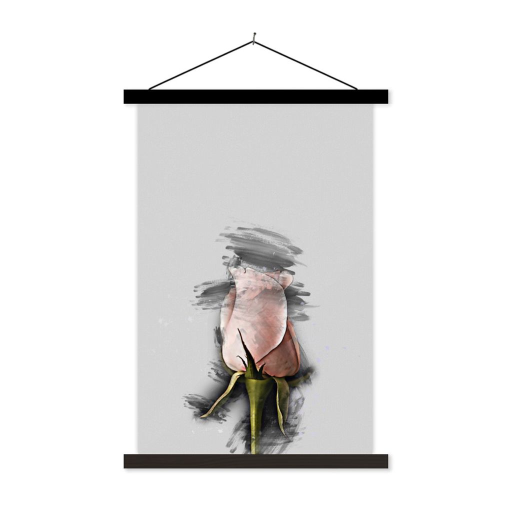 MuchoWow Textilposter Blumen - Rosa - Schwarz 40x60 cm mit schwarzem Rahmen - Wanddekorationen