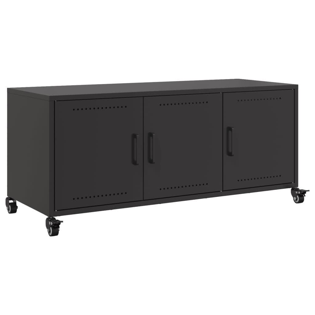 A black metal TV cabinet with three doors and wheels, shown against a white background.