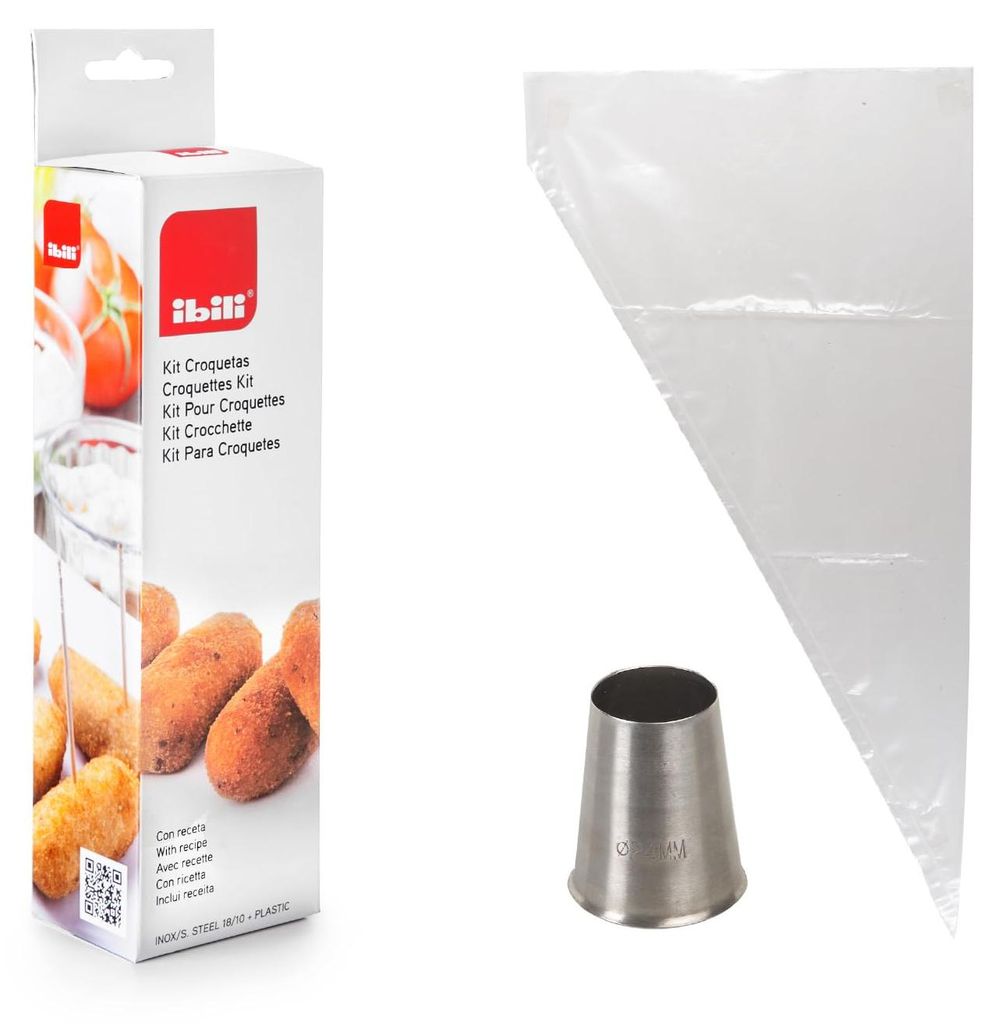 Ibili Set für Kroketten, 10 Einwegbeutel + 1 Tülle, Silber/Transparent