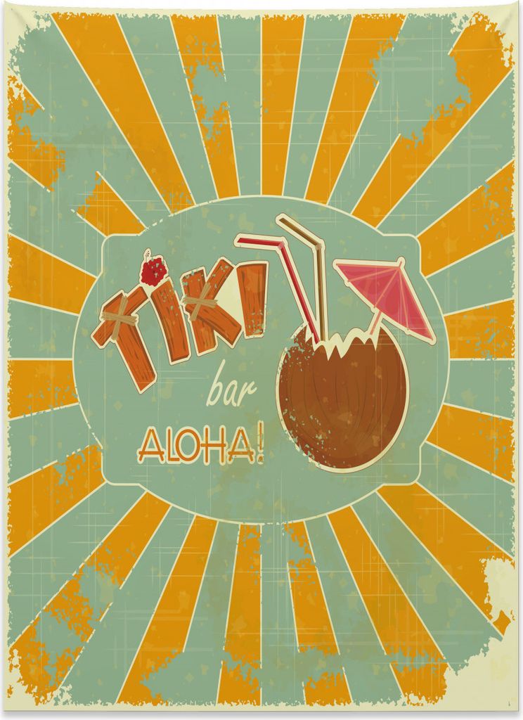 Abakuhaus Tiki Bar Wandteppich, Aloha Spaß-Party aus Weiches Mikrofaser Stoff Kein Verblassen Klare Farben Waschbar, 110 x 150 cm, Mandelgrün Ora...