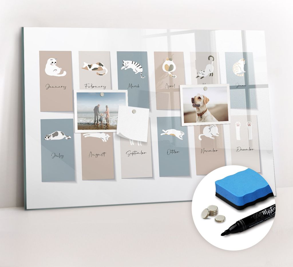 Magnetpinnwand Memoboard - Zubehörsatz - Schwarzer Marker + Schwamm + Magnete - 60 x 40 cm - Katzenkalender