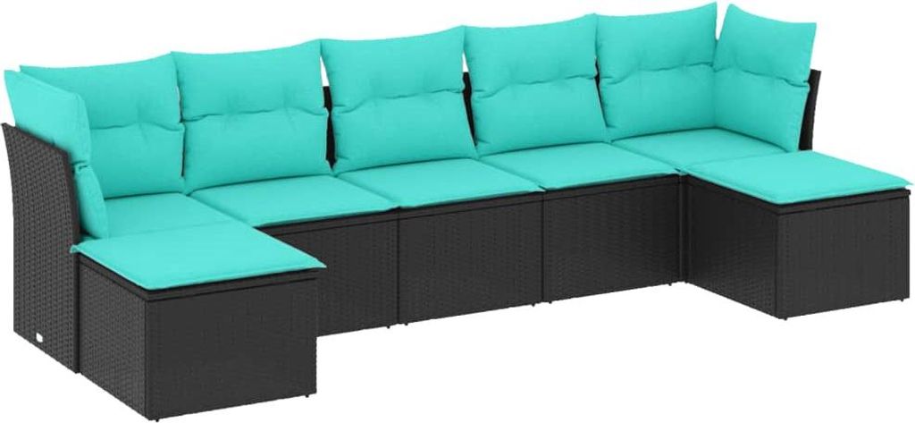 vidaXL 7-teiliges Gartensofa-Set mit Kissen, schwarzes Polyrattan