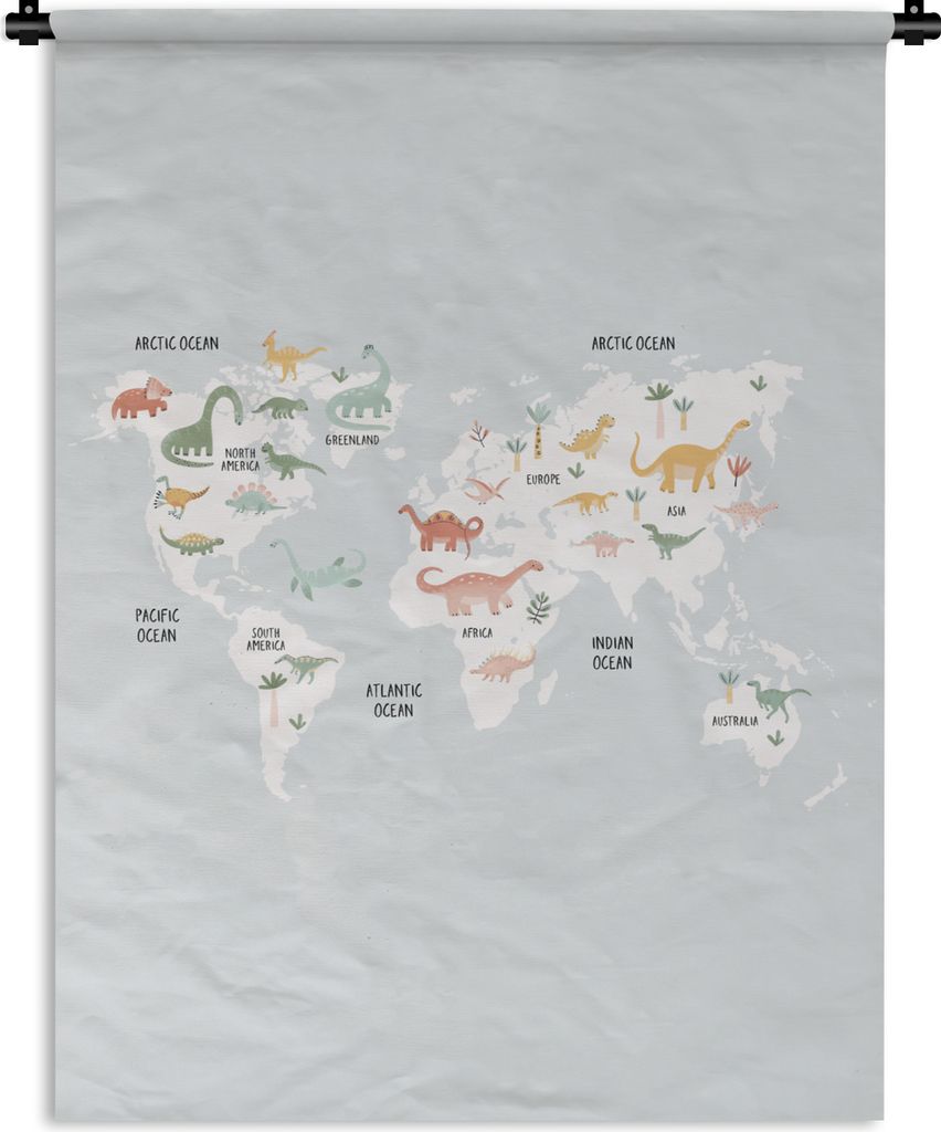 MuchoWow Wandteppich Wandbehang Kinderzimmer - Weltkarte - Dinosaurier 150x200 cm Tapisserie Dekoration Wandtuch - Wandaufhängung - Moderner