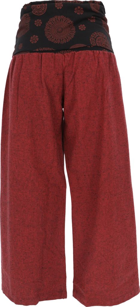 Weite Marlenehose, Wellnesshose, Yogahose, Boho Hose mit Breitem Bund - Dunkelrot, Damen, Baumwolle, Größe: M