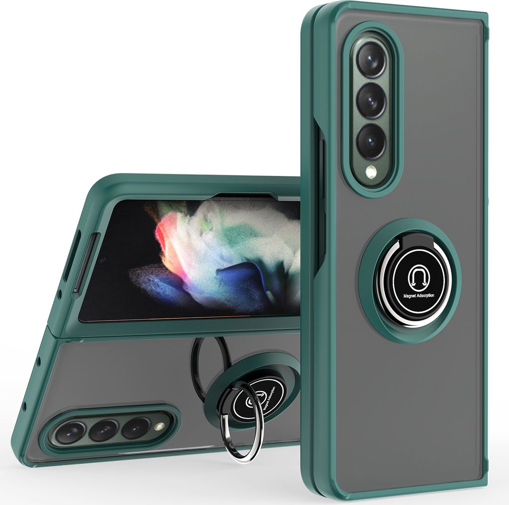 Samsung Z Fold3 5G Hülle, Ring Halter Ständer Matte Transluzent TPU Rahmen Stoßfest Schutzhülle für Samsung Galaxy Z Fold 3 5G dunkelgrün