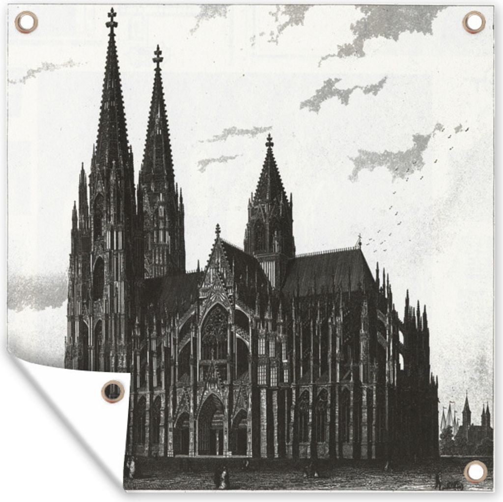 MuchoWow 80x60 cm Outdoor-Poster Gartendeko Sichtschutz Garten Poster für den Garten Eine Illustration des Kölner Doms mit einem bewölkten Hi...