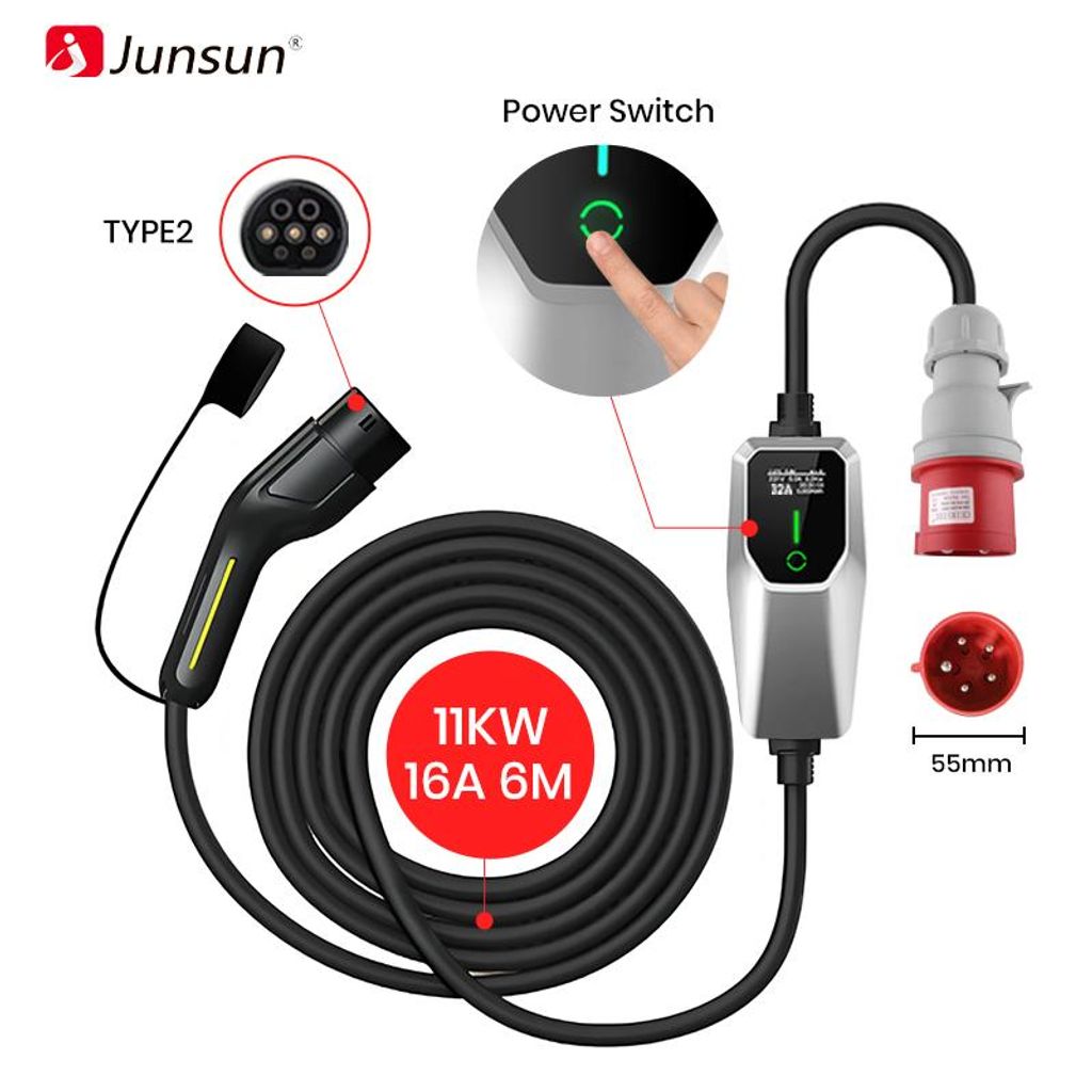 JUNSUN Tragbares Elektroauto-Ladegerät 11 kW 16A 3-phasig Typ 2 - 6m Kabel mit CEE16A 5 polig-Stecker, IEC62196-2 & IP67
