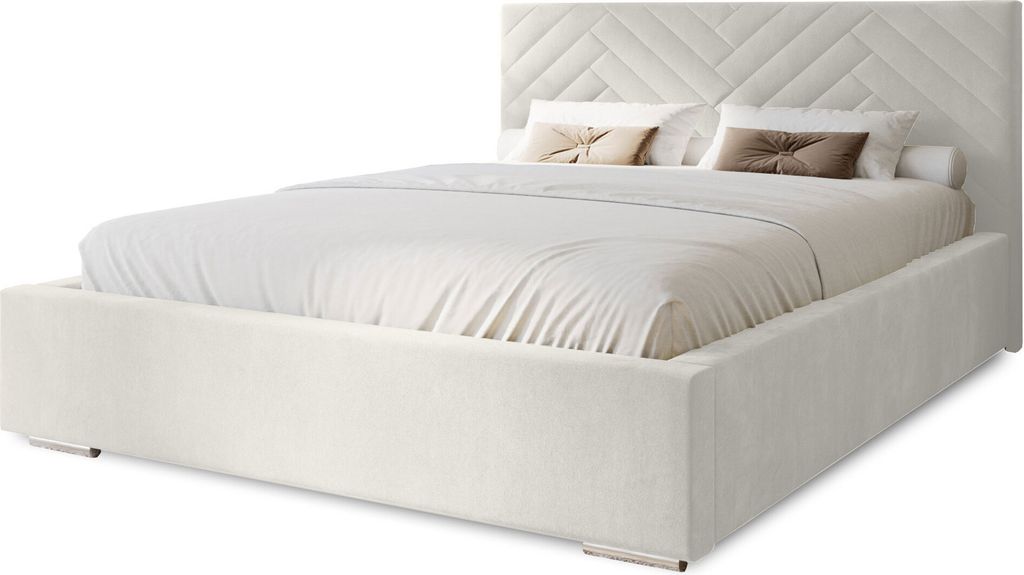 Polsterbett Aura 200x200 cm, Bett mit Kopfteil, Doppelbett mit Bettkasten, Lattenrost und Matratze aus Holz, Velourstoff: Weiß